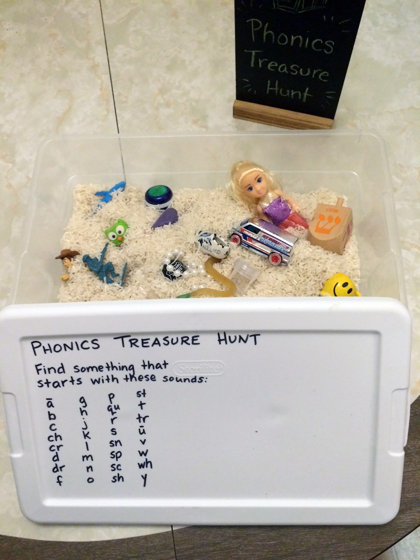 Sensory bin with items correlating to starting sounds